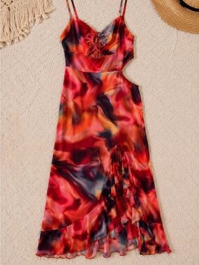 Vibrant Red Marble-Print Slip Dress with Side Cutout
